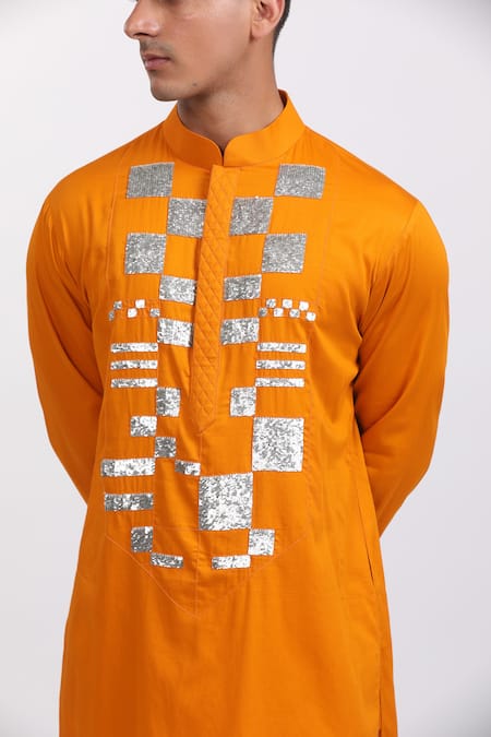 Agraj Jain_Orange Silk, Cotton, Bamboo Sequins Silver Geometric Box Kurta Set _at_Aza_Fashions