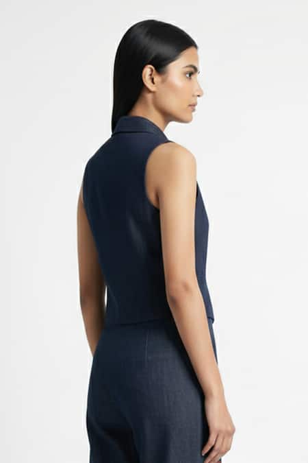 Orthodox Black Denim Drift Embroidered Collar Vest Online at Aza Fashions Orthodox_Black Denim Drift Embroidered Collar Vest _Online_at_Aza_Fashions