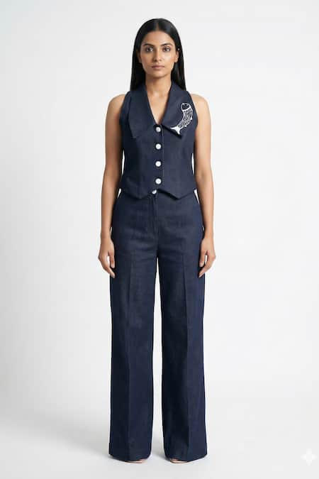 Buy Orthodox Black Denim Drift Embroidered Collar Vest Online at Aza Fashions Buy_Orthodox_Black Denim Drift Embroidered Collar Vest _Online_at_Aza_Fashions