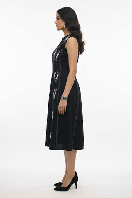 Orthodox Black Denim Embroidery Drift Panel Fish Dress Online at Aza Fashions Orthodox_Black Denim Embroidery Drift Panel Fish Dress _Online_at_Aza_Fashions