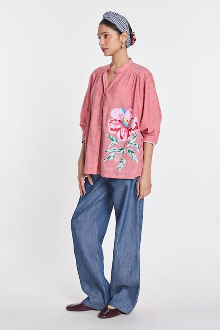 Payal Pratap_Pink Handloom Cotton Embroidery Scabiosa Shirt _Online_at_Aza_Fashions