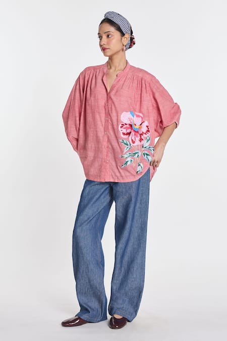 Buy_Payal Pratap_Pink Handloom Cotton Embroidery Scabiosa Shirt _Online_at_Aza_Fashions