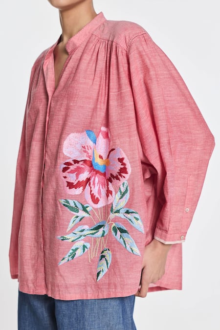 Shop_Payal Pratap_Pink Handloom Cotton Embroidery Scabiosa Shirt _Online_at_Aza_Fashions