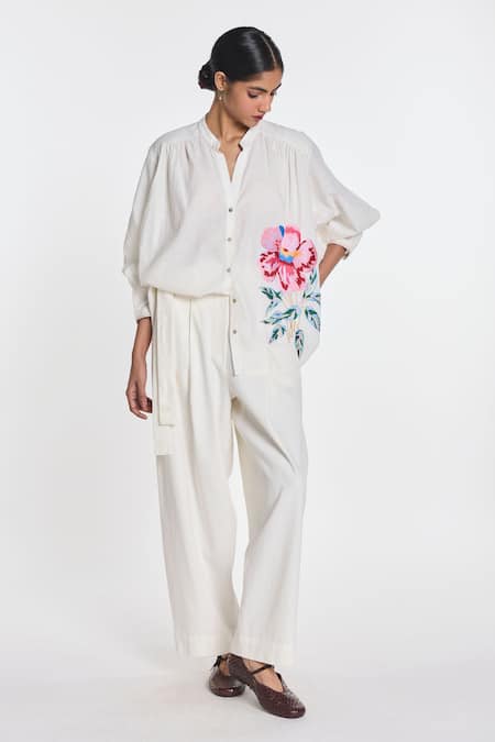 Buy_Payal Pratap_Ivory Handloom Cotton Embroidery Clover Shirt _Online_at_Aza_Fashions