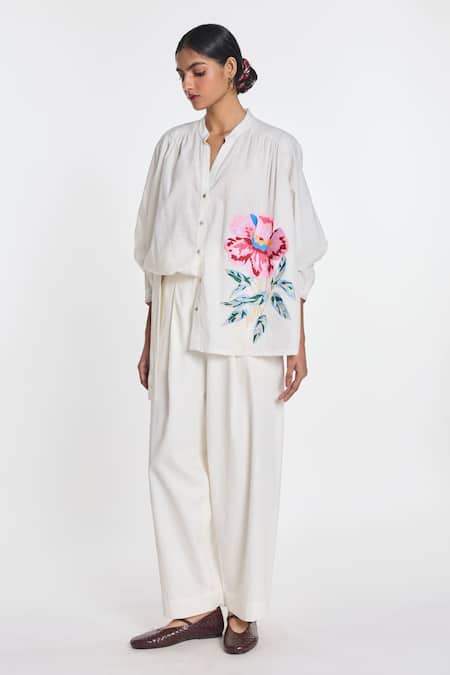 Shop_Payal Pratap_Ivory Handloom Cotton Embroidery Clover Shirt _Online_at_Aza_Fashions