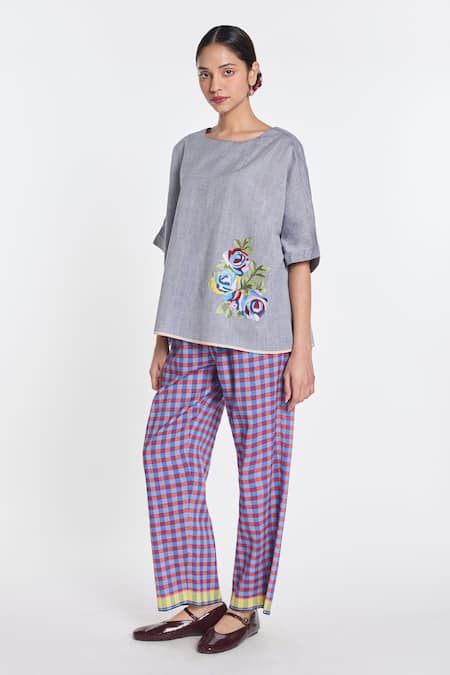 Payal Pratap_Grey Handloom Cotton Embroidery Primrose Top _Online_at_Aza_Fashions