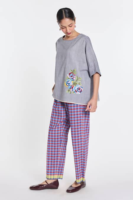 Buy_Payal Pratap_Grey Handloom Cotton Embroidery Primrose Top _Online_at_Aza_Fashions