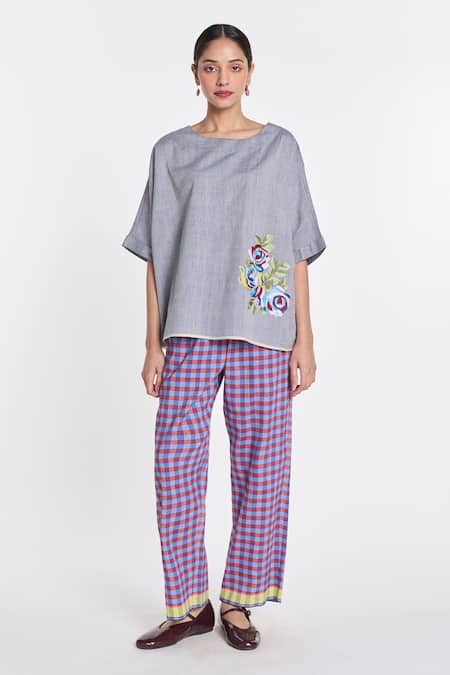 Shop_Payal Pratap_Grey Handloom Cotton Embroidery Primrose Top _Online_at_Aza_Fashions