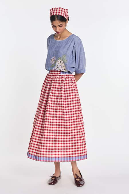 Payal Pratap Red Linen, Handloom Cotton Azurea Elasticated Gingham Skirt Online at Aza Fashions Payal Pratap_Red Linen, Handloom Cotton Azurea Elasticated Gingham Skirt _Online_at_Aza_Fashions