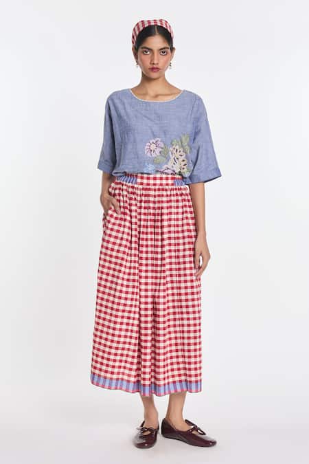 Buy Payal Pratap Red Linen, Handloom Cotton Azurea Elasticated Gingham Skirt Online at Aza Fashions Buy_Payal Pratap_Red Linen, Handloom Cotton Azurea Elasticated Gingham Skirt _Online_at_Aza_Fashions
