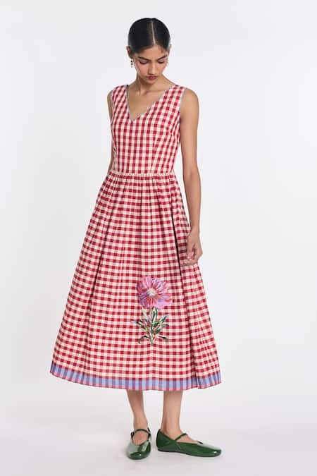 Payal Pratap_Red Linen, Handloom Cotton Embroidery Azure Gingham Dress _Online_at_Aza_Fashions