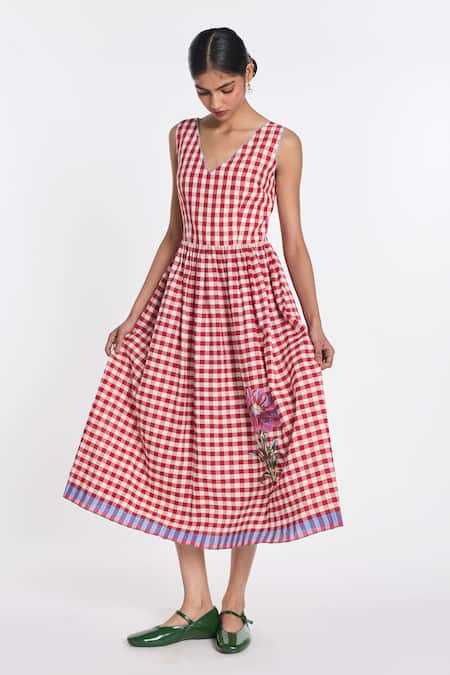 Buy_Payal Pratap_Red Linen, Handloom Cotton Embroidery Azure Gingham Dress _Online_at_Aza_Fashions