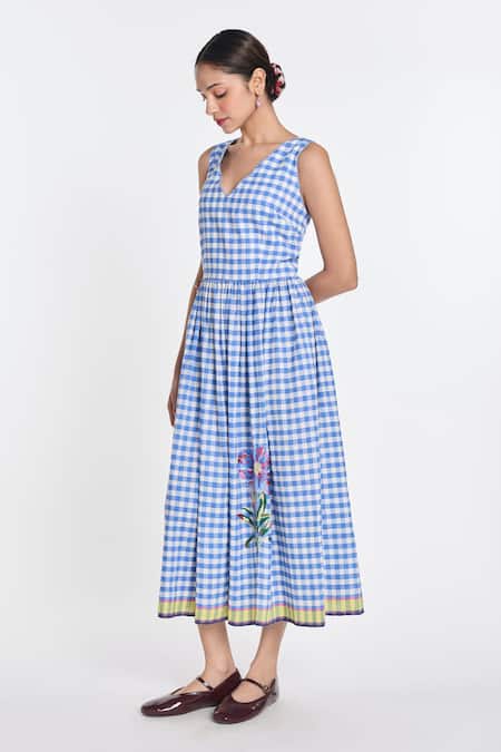 Payal Pratap_Blue Handloom Cotton, Linen Azure Embroidered Gingham Dress _Online_at_Aza_Fashions