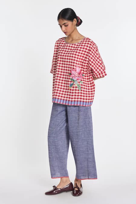 Payal Pratap_Blue Cotton, Linen Cosmos Elasticated Trouser _Online_at_Aza_Fashions