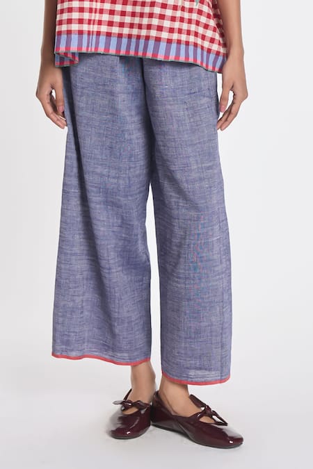 Buy_Payal Pratap_Blue Cotton, Linen Cosmos Elasticated Trouser _Online_at_Aza_Fashions