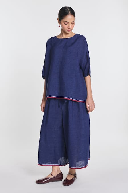 Buy_Payal Pratap_Navy Linen Bergamot Drop Shoulder Top _Online_at_Aza_Fashions