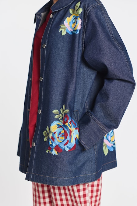 Payal Pratap_Blue Denim Rainrose Embroidered Jacket _at_Aza_Fashions