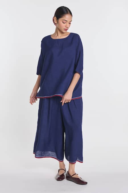 Buy_Payal Pratap_Blue Linen Anemone Elasticated Trouser _Online_at_Aza_Fashions