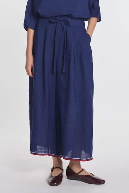 Payal Pratap_Blue Linen Anemone Elasticated Trouser _at_Aza_Fashions