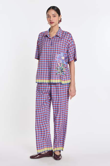 Shop_Payal Pratap_Purple Handloom Cotton, Linen Embroidery Daffodils Gingham Shirt _Online_at_Aza_Fashions