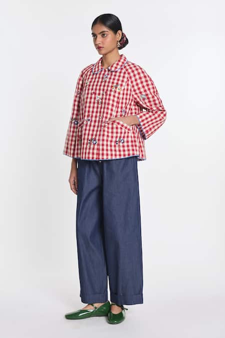 Payal Pratap Red Cotton, Linen Embroidery Baptisia Gingham Double-breasted Jacket Online at Aza Fashions Payal Pratap_Red Cotton, Linen Embroidery Baptisia Gingham Double-breasted Jacket _Online_at_Aza_Fashions