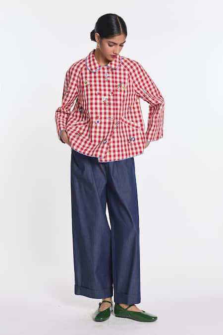 Shop Payal Pratap Red Cotton, Linen Embroidery Baptisia Gingham Double-breasted Jacket Online at Aza Fashions Shop_Payal Pratap_Red Cotton, Linen Embroidery Baptisia Gingham Double-breasted Jacket _Online_at_Aza_Fashions