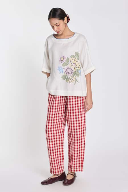 Shop Payal Pratap Ivory Linen Embroidery, Pearls Top Online at Aza Fashions Shop_Payal Pratap_Ivory Linen Embroidery, Pearls Top _Online_at_Aza_Fashions