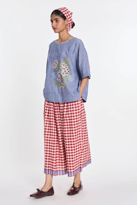 Buy_Payal Pratap_Blue Handloom Cotton Embroidery, Pearls Top _Online_at_Aza_Fashions