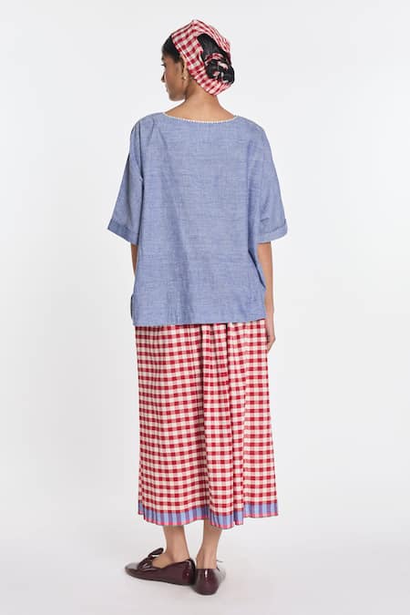 Shop_Payal Pratap_Blue Handloom Cotton Embroidery, Pearls Top _Online_at_Aza_Fashions