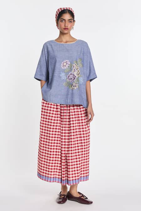 Payal Pratap_Blue Handloom Cotton Embroidery, Pearls Top _at_Aza_Fashions