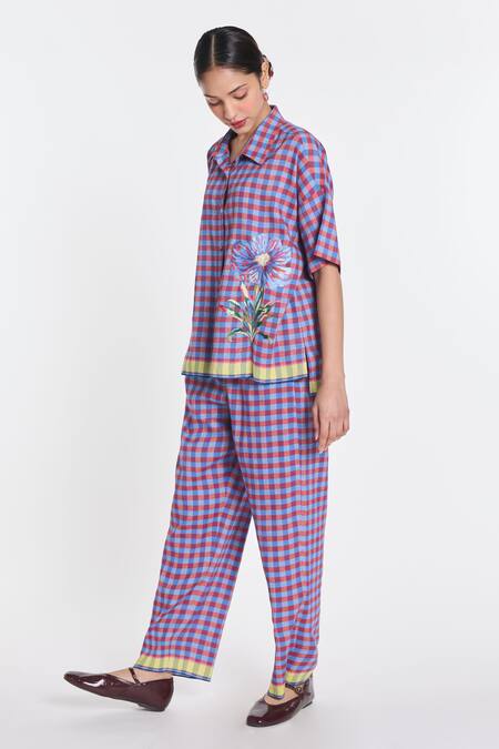 Payal Pratap_Purple Linen, Handloom Cotton Petunia Elasticated Gingham Trouser _Online_at_Aza_Fashions
