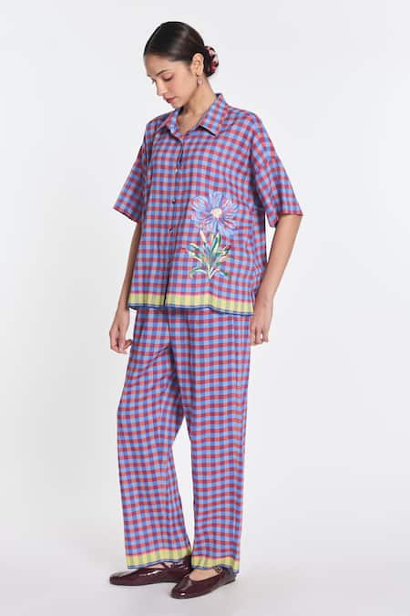 Buy_Payal Pratap_Purple Linen, Handloom Cotton Petunia Elasticated Gingham Trouser _Online_at_Aza_Fashions
