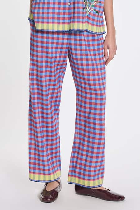 Shop_Payal Pratap_Purple Linen, Handloom Cotton Petunia Elasticated Gingham Trouser _Online_at_Aza_Fashions