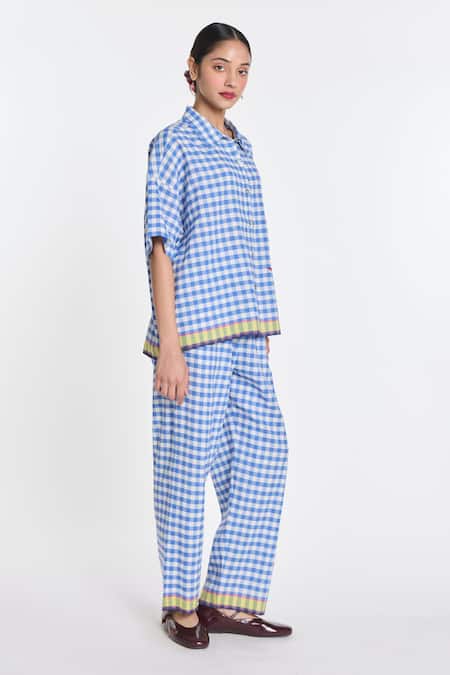 Payal Pratap_Blue Linen, Handloom Cotton Petunia Elasticated Gingham Trouser _Online_at_Aza_Fashions