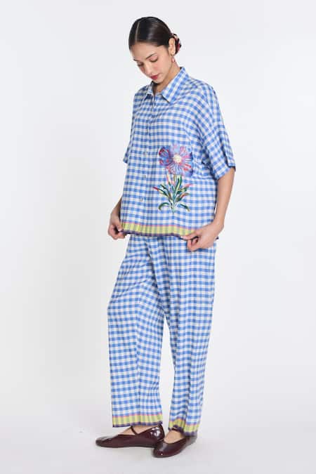 Shop_Payal Pratap_Blue Linen, Handloom Cotton Petunia Elasticated Gingham Trouser _Online_at_Aza_Fashions