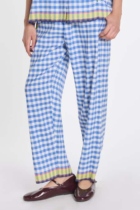 Payal Pratap_Blue Linen, Handloom Cotton Petunia Elasticated Gingham Trouser _at_Aza_Fashions