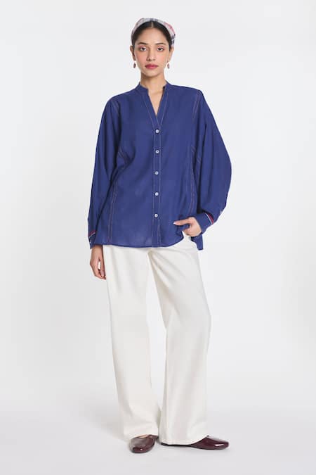 Buy Payal Pratap Navy Handloom Cotton Fleur Panelled Shirt Online at Aza Fashions Buy_Payal Pratap_Navy Handloom Cotton Fleur Panelled Shirt _Online_at_Aza_Fashions