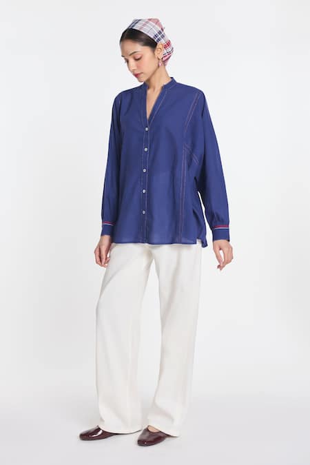 Shop Payal Pratap Navy Handloom Cotton Fleur Panelled Shirt Online at Aza Fashions Shop_Payal Pratap_Navy Handloom Cotton Fleur Panelled Shirt _Online_at_Aza_Fashions