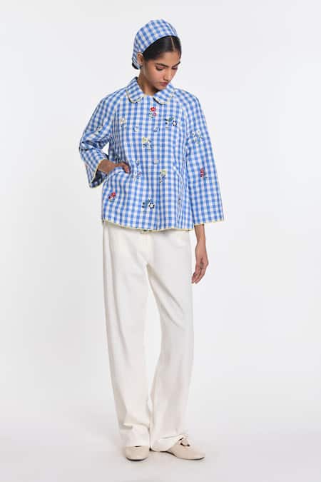 Buy_Payal Pratap_Blue Cotton, Linen Embroidery Baptisia Gingham Jacket _Online_at_Aza_Fashions