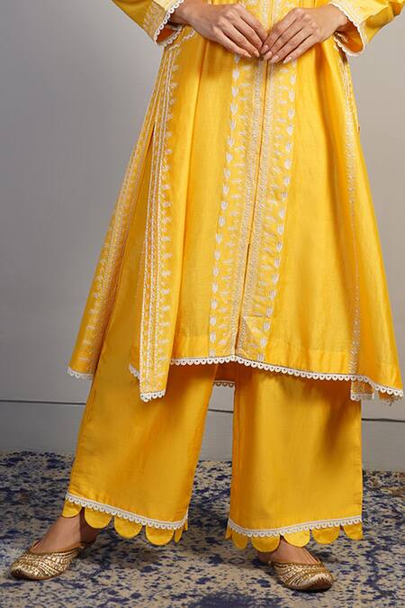 Samant Chauhan_Yellow Silk, Cotton Embroidery, Tassels Threadwork Kurta Set _Online_at_Aza_Fashions