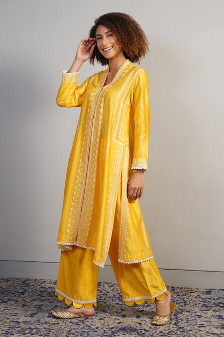 Shop_Samant Chauhan_Yellow Silk, Cotton Embroidery, Tassels Threadwork Kurta Set _Online_at_Aza_Fashions