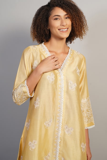 Shop Samant Chauhan Yellow Silk, Cotton Embroidery Floral Threadwork Kurta And Palazzo Set Online at Aza Fashions Shop_Samant Chauhan_Yellow Silk, Cotton Embroidery Floral Threadwork Kurta And Palazzo Set _Online_at_Aza_Fashions