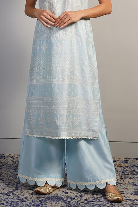 Samant Chauhan_Blue Silk, Cotton Embroidery, Ruffles Fine Threadwork Kurta Set _Online_at_Aza_Fashions