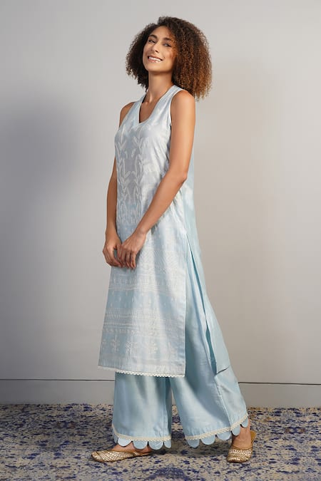 Buy_Samant Chauhan_Blue Silk, Cotton Embroidery, Ruffles Fine Threadwork Kurta Set _Online_at_Aza_Fashions
