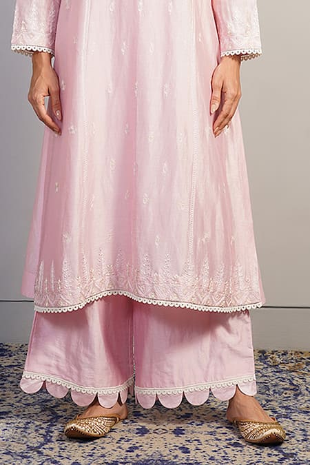 Samant Chauhan_Pink Silk, Cotton Embroidery, Tassels Threadwork Kurta Palazzo Set _Online_at_Aza_Fashions