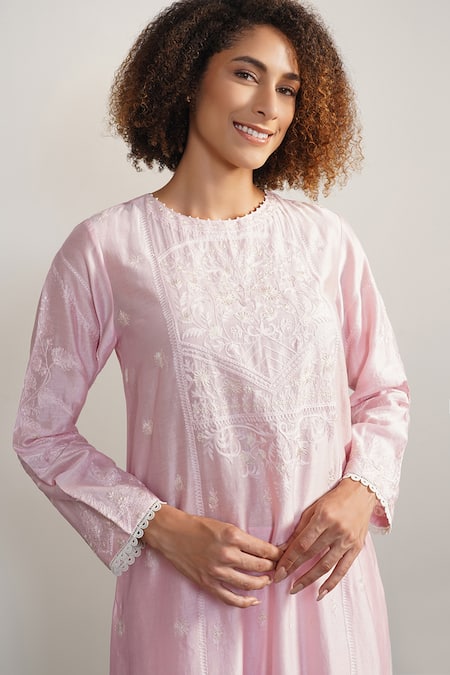 Buy_Samant Chauhan_Pink Silk, Cotton Embroidery, Tassels Threadwork Kurta Palazzo Set _Online_at_Aza_Fashions