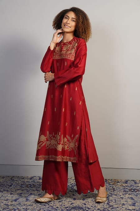 Samant Chauhan_Red Silk, Cotton Embroidery, Sequins Threadwork Kurta Set _Online_at_Aza_Fashions