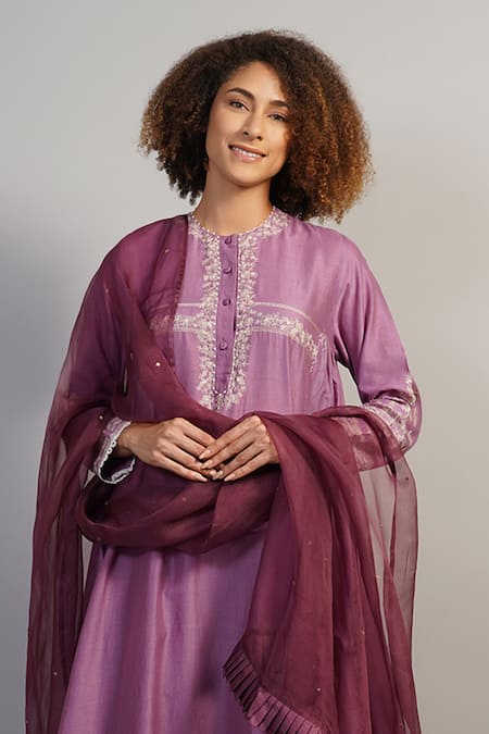 Samant Chauhan_Purple Silk, Cotton Embroidery Floral Threadwork Kurta Set _Online_at_Aza_Fashions