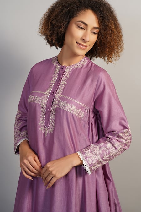 Shop_Samant Chauhan_Purple Silk, Cotton Embroidery Floral Threadwork Kurta Set _Online_at_Aza_Fashions