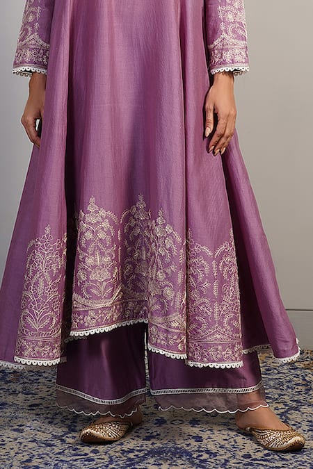 Samant Chauhan_Purple Silk, Cotton Embroidery Floral Threadwork Kurta Set _at_Aza_Fashions
